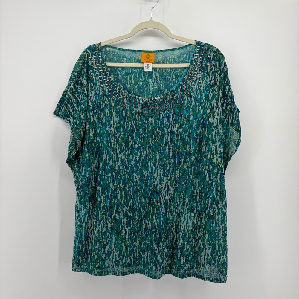 Ruby Rd Womens 1X Blue Green Burnout Top Studded Neckline with Camisole Set